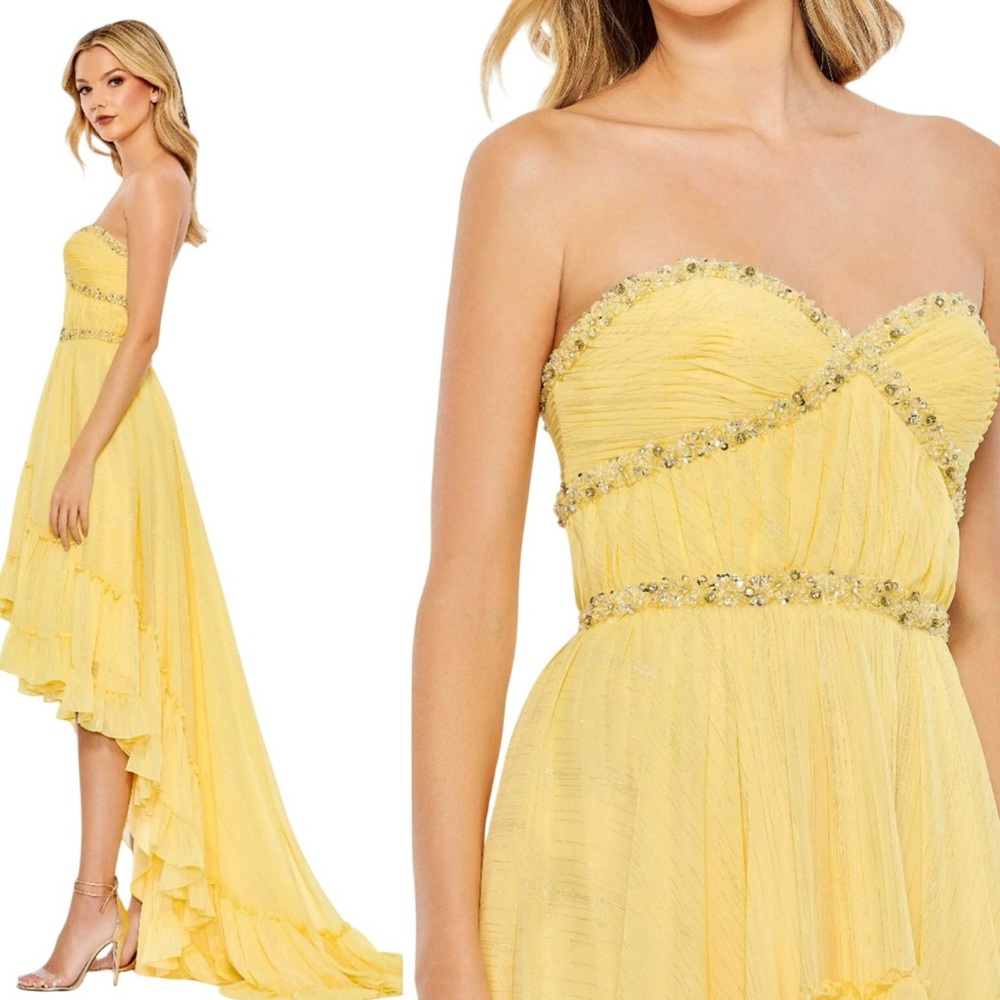 Mac Duggal Yellow Strapless High Low Dress